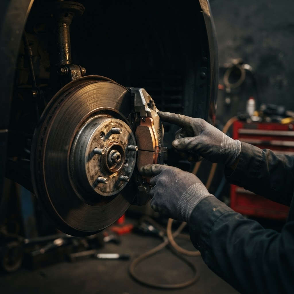 Fitting a new brake pad into a caliper during brake repair in Dubai