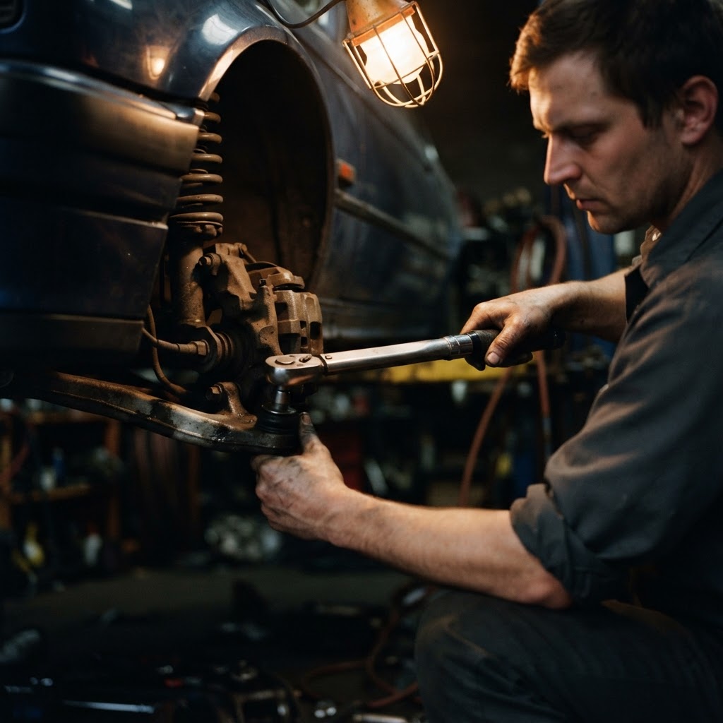 Mechanic torquing a car suspension component during general car repair in Dubai
