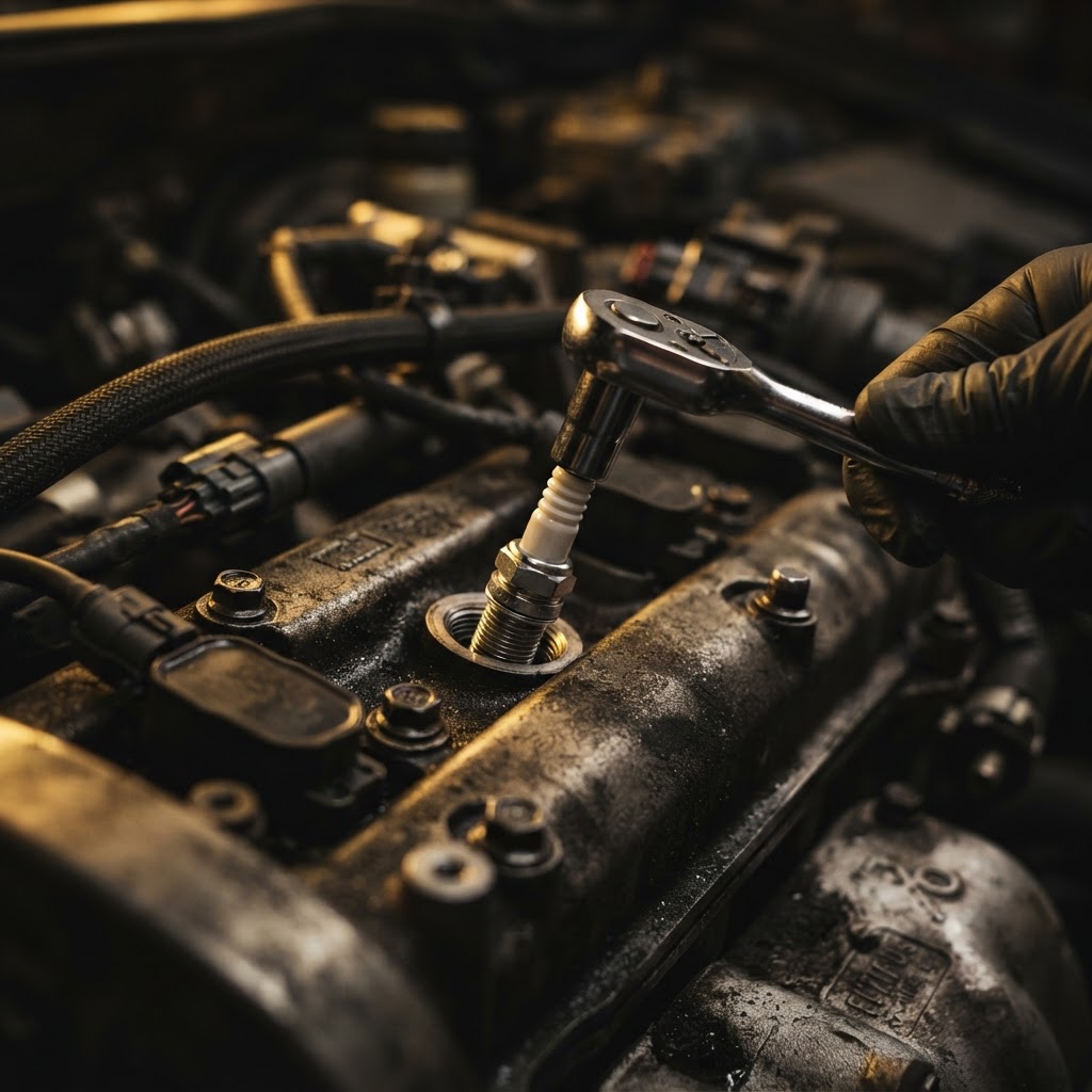 Replacing spark plugs during a major car service in Dubai