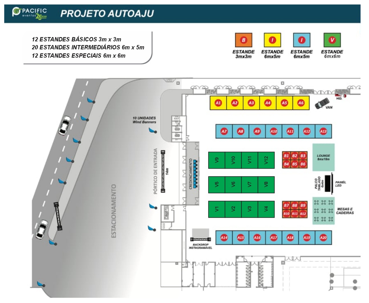 Planta do pavilhão AutoAju 2026 com numeração dos stands