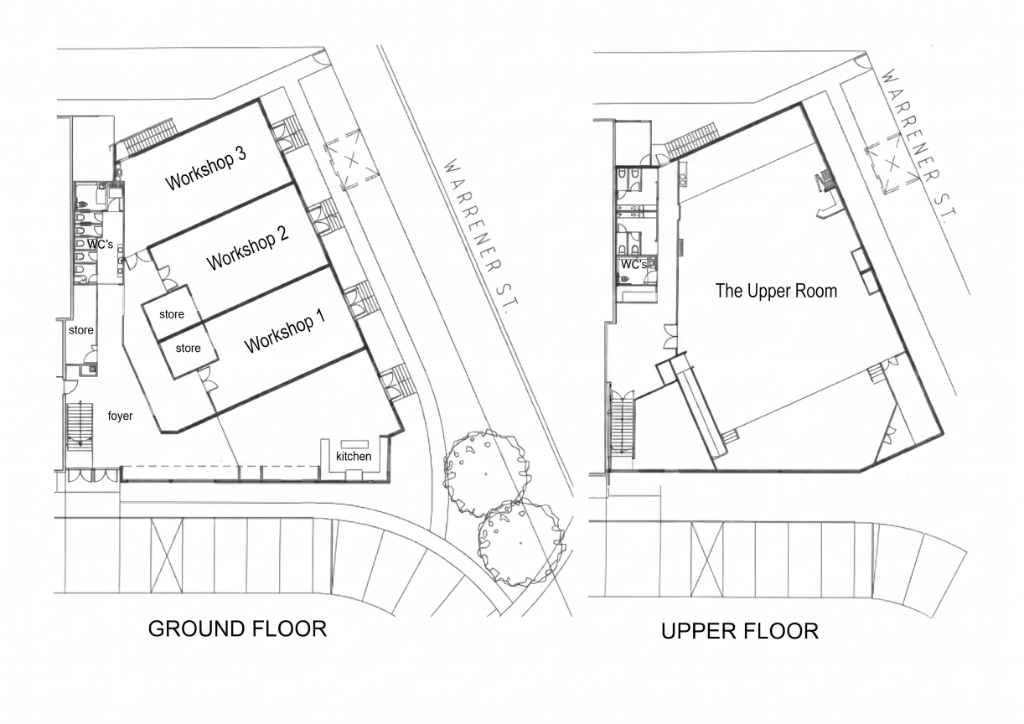 Floor plan of the conference wing showing the ground floor with Workshops 1, 2 and 3 plus foyer and kitchen, and the upper floor with The Upper Room
