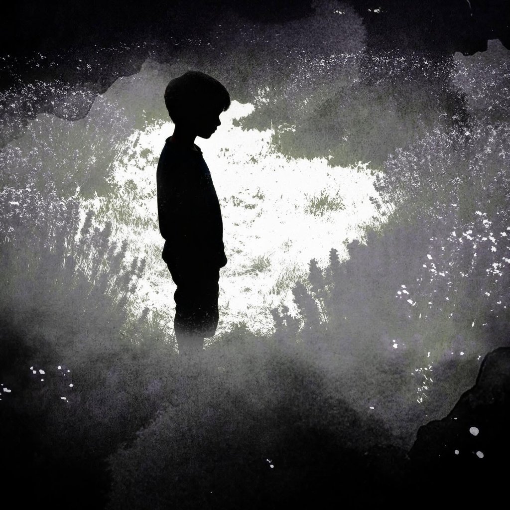 Boy silhouette standing in a glowing lavender field surrounded by dark mist
