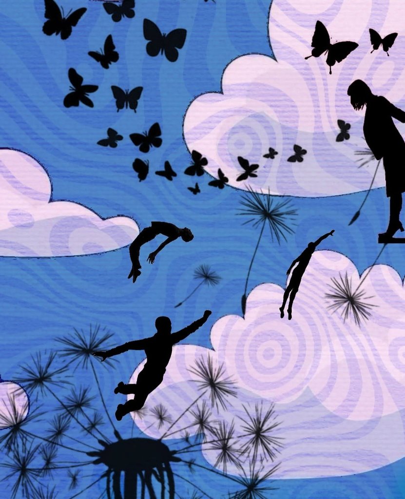 Blue sky composition with black silhouettes of figures in flight, dandelion seeds, and butterflies