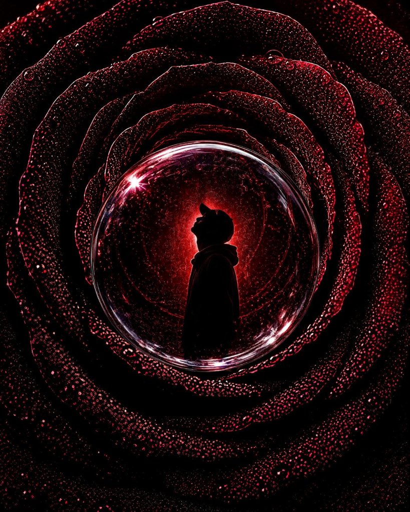 Boy silhouette inside a glass bubble at the center of a deep red rose