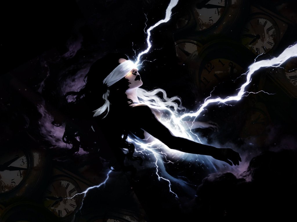 Blindfolded woman silhouette with lightning bolts and clock faces