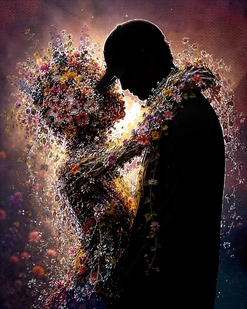 Man silhouette wrapped in glowing wildflowers and vines