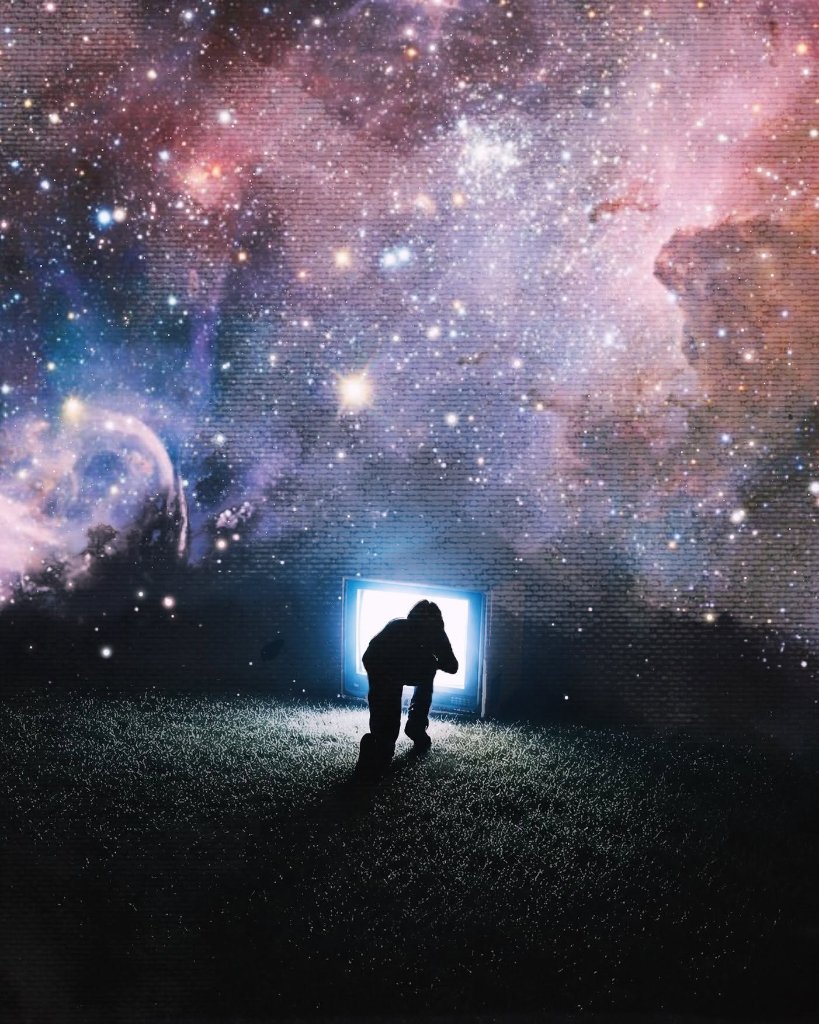 Silhouette of a figure crawling through a glowing television screen beneath a starry nebula sky