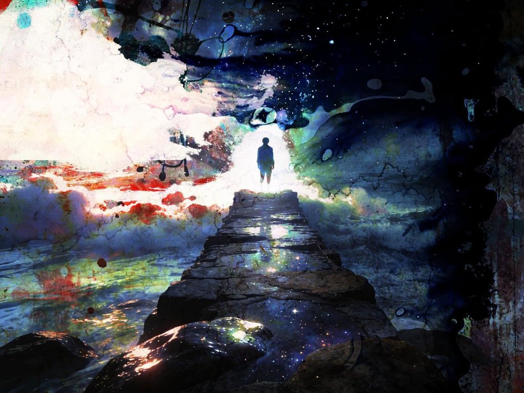 Figure walking a stone path toward light through a cosmic storm