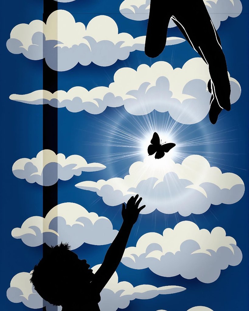 Child silhouette reaching toward a glowing butterfly amid clouds, with a descending hand from above