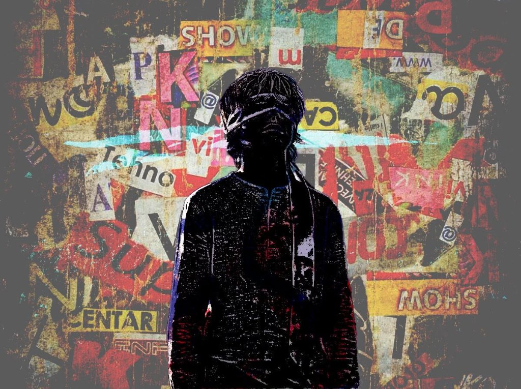 Blindfolded figure standing before a chaotic wall of collaged typography