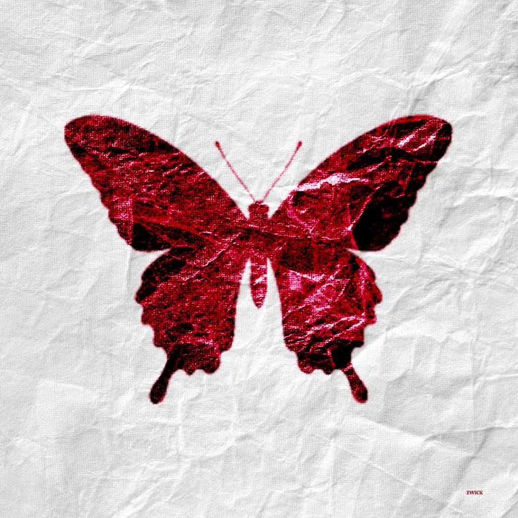 Red butterfly illustration on crumpled white paper, signed Zwick