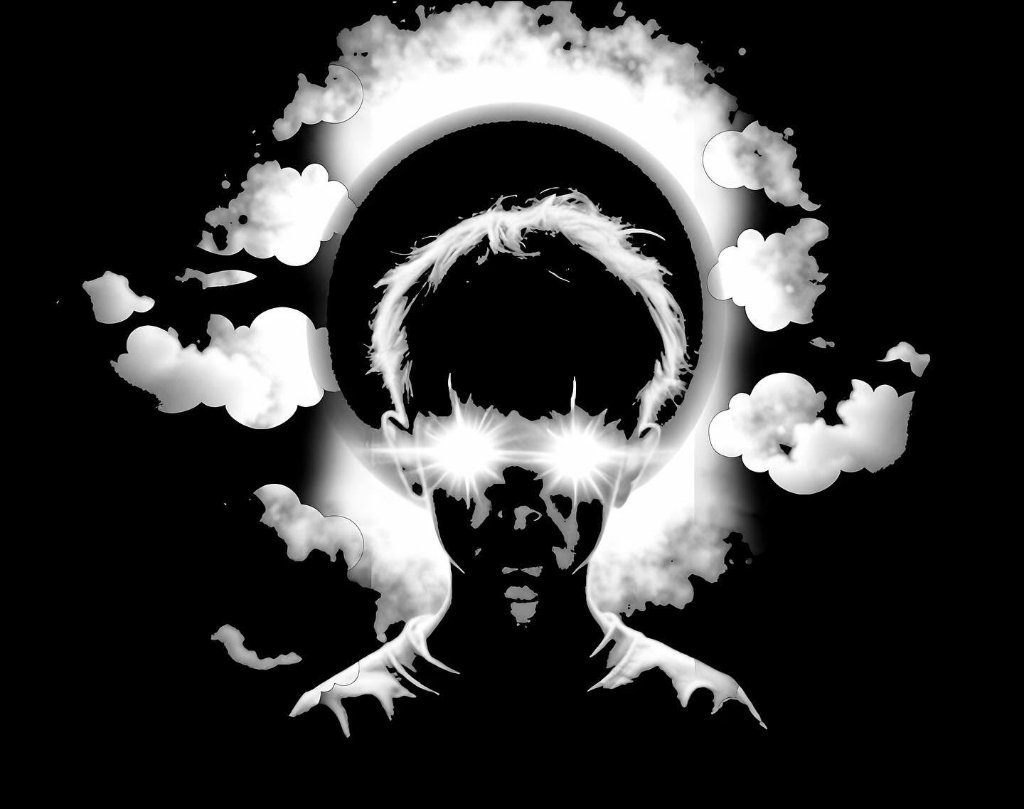 Black and white high-contrast digital portrait — figure silhouette surrounded by clouds and radiant light halo