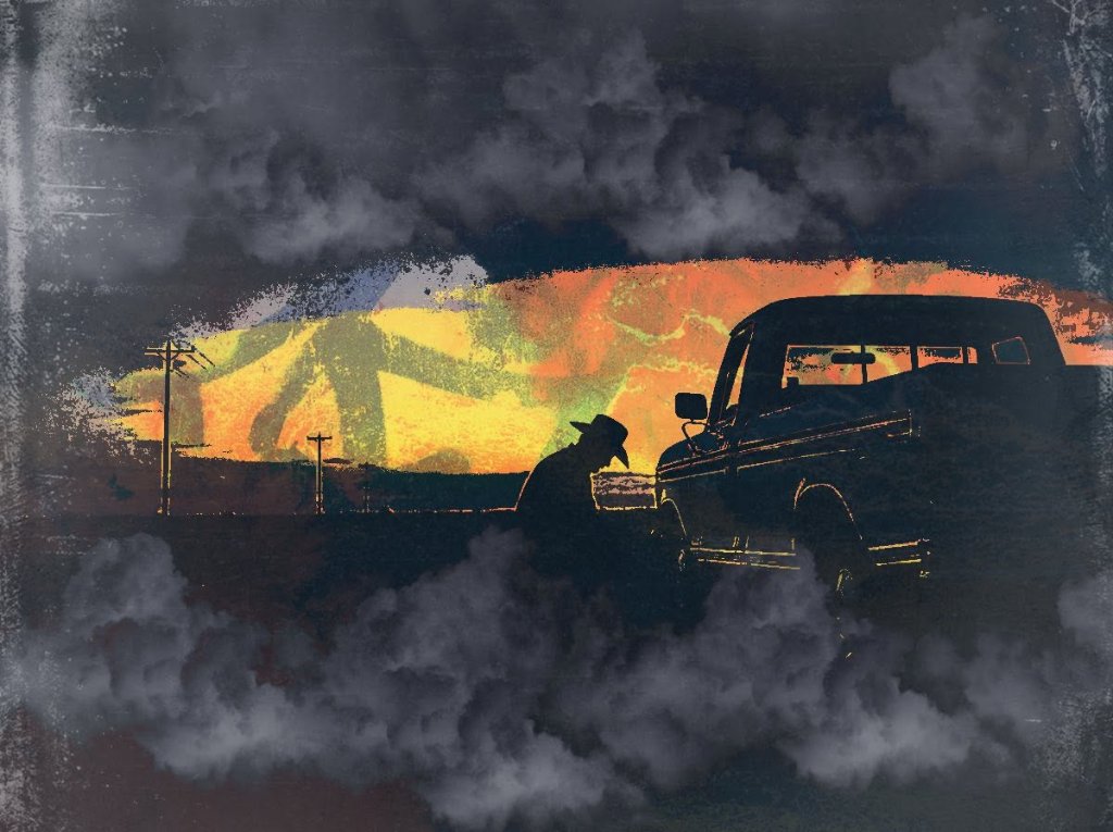 Cowboy silhouette leaning against a truck under a smoky sunset sky