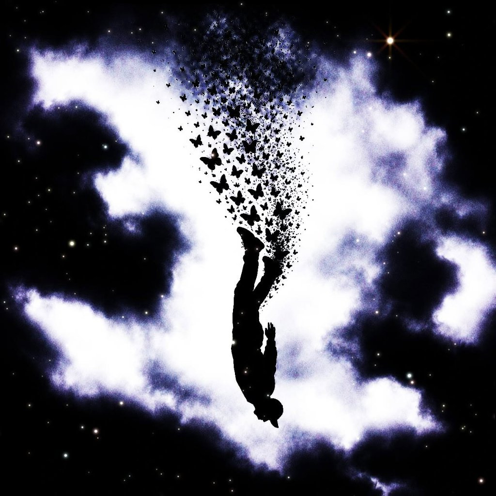 Falling figure trailing a swarm of butterflies into starry clouds