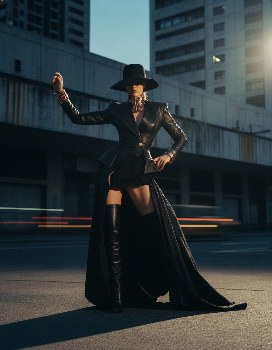 Full-body editorial fashion portrait with dramatic copper side light and deep architectural shadows.