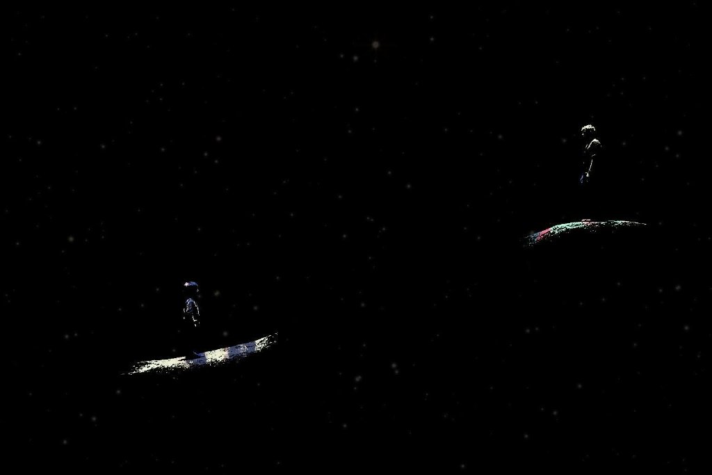 Two tiny figures standing on floating crescent islands in deep space