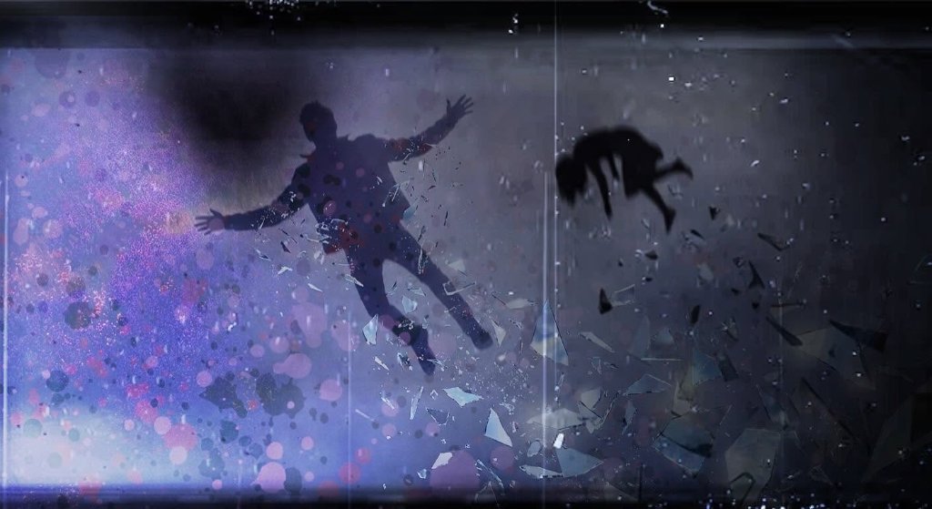 Two falling figures amid shattered glass and cosmic purple light