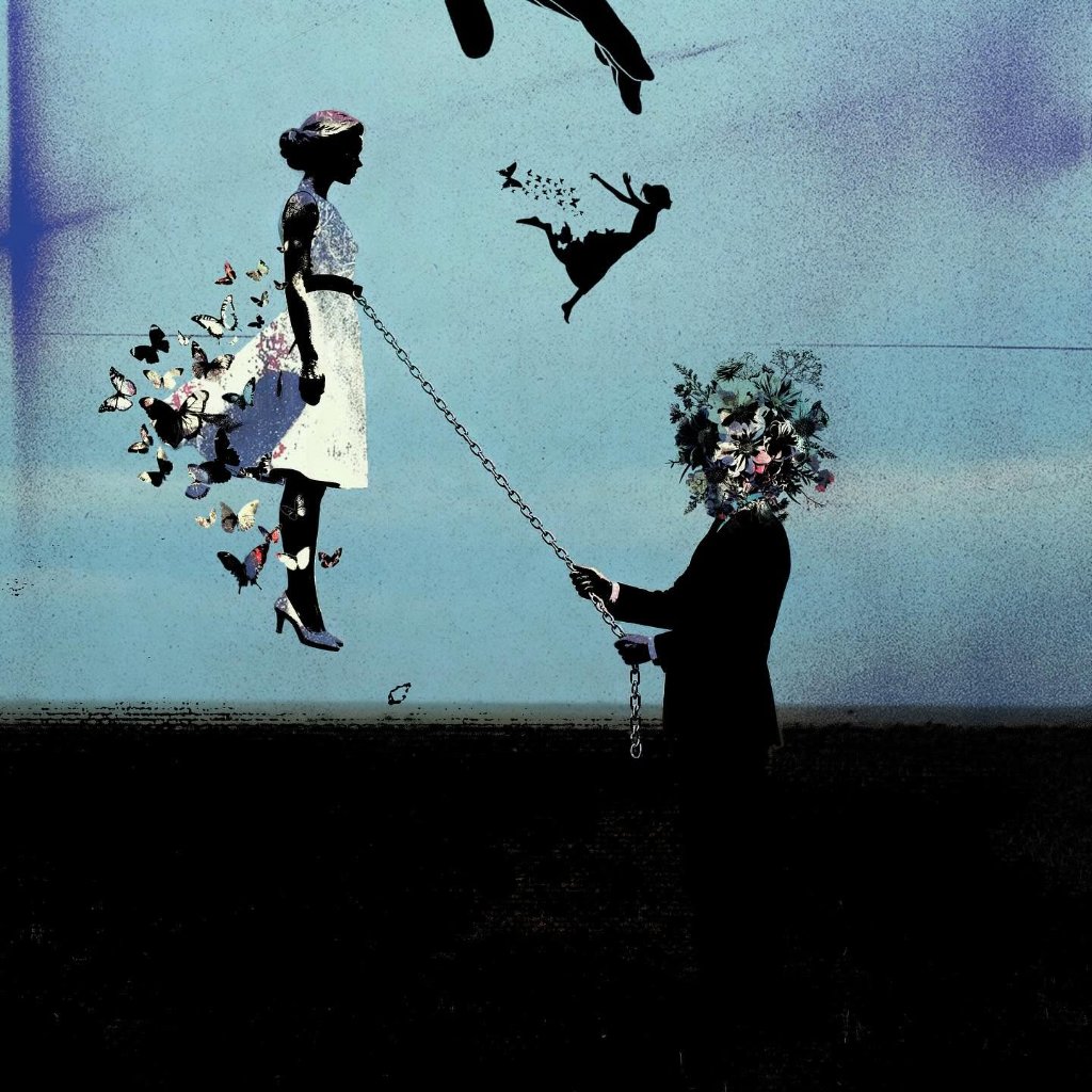 Surrealist mixed media work — woman with butterfly skirt held on chain by flower-headed figure