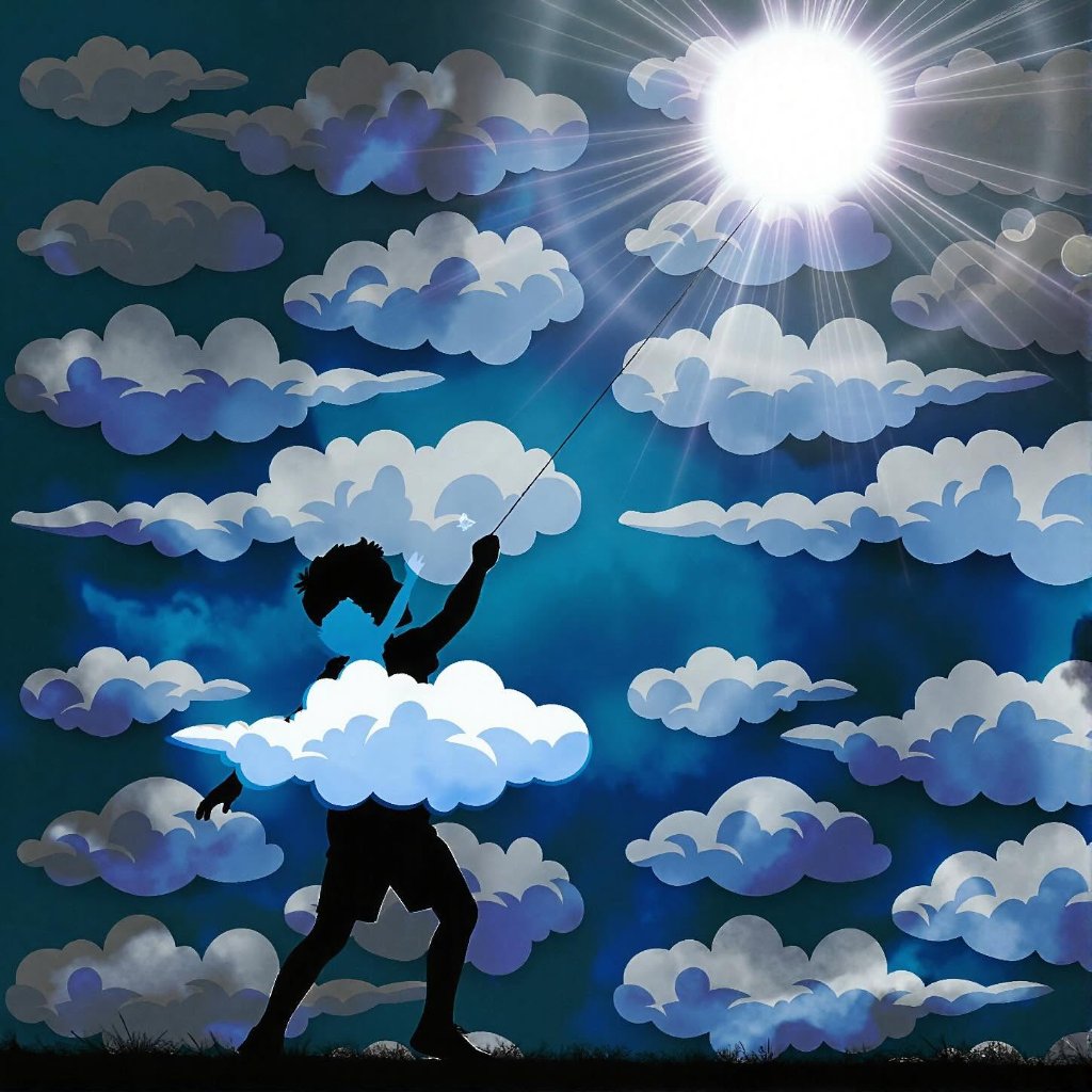 Figure silhouette pulling a line toward a blazing sun amid dramatic cloud formations on a deep blue sky