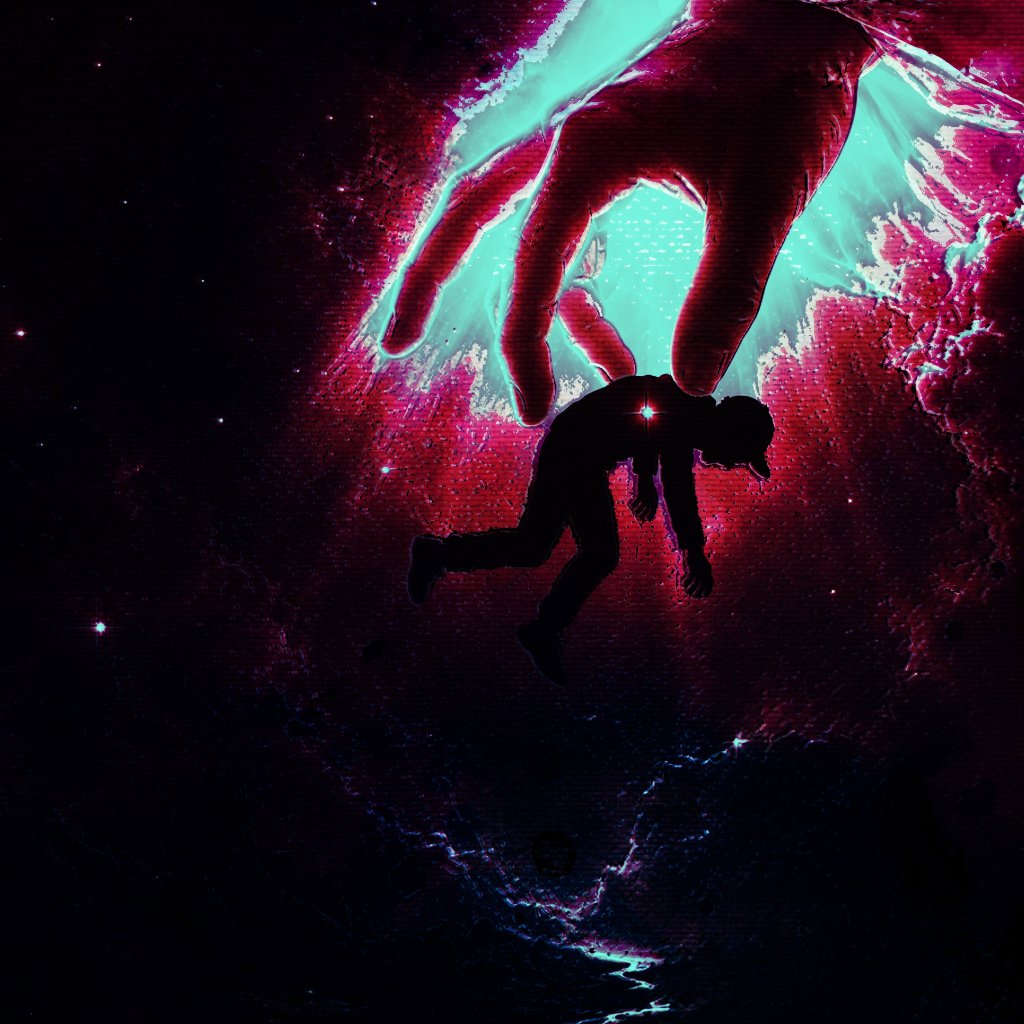 Falling figure silhouette reaching toward a giant glowing hand amid a cosmic red and teal nebula