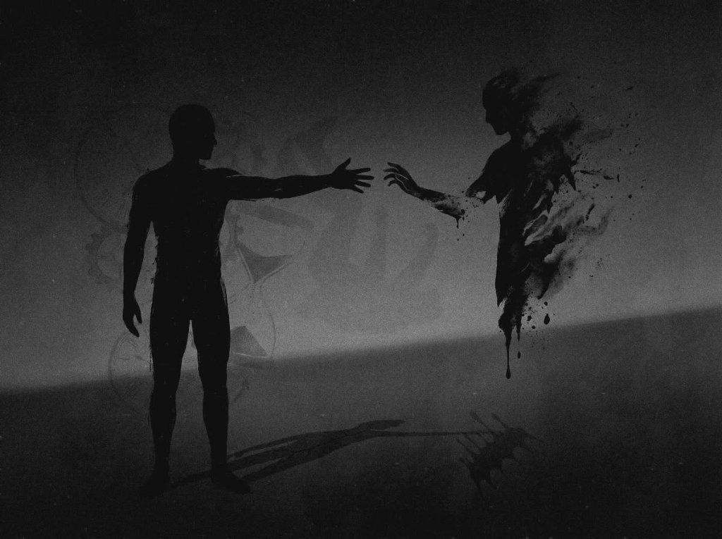 Two silhouettes reaching toward each other, one dissolving into ink