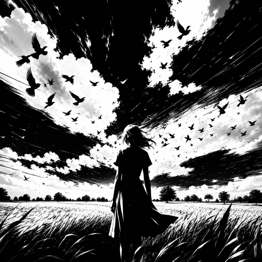 Black and white silhouette of a woman in a field of grass watching a flock of birds against a dramatic sky