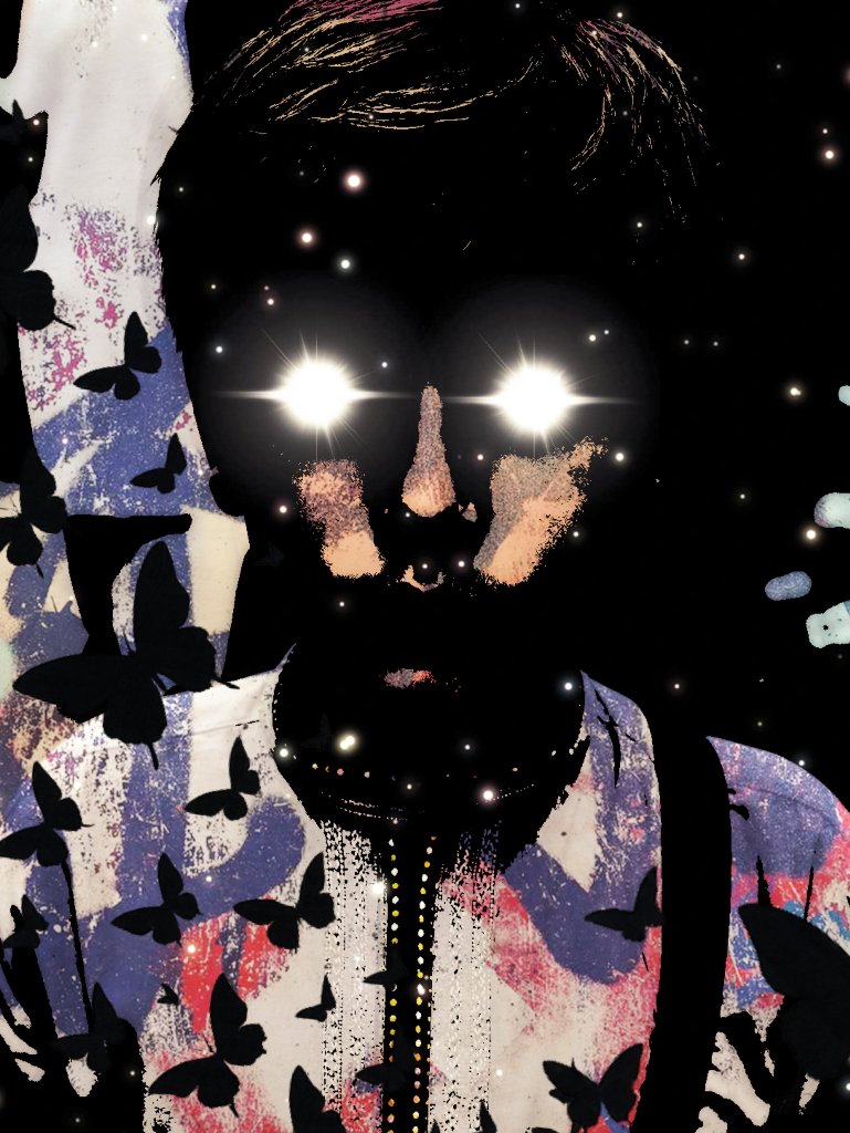 Portrait silhouette with glowing eyes surrounded by butterflies and patterned fabric