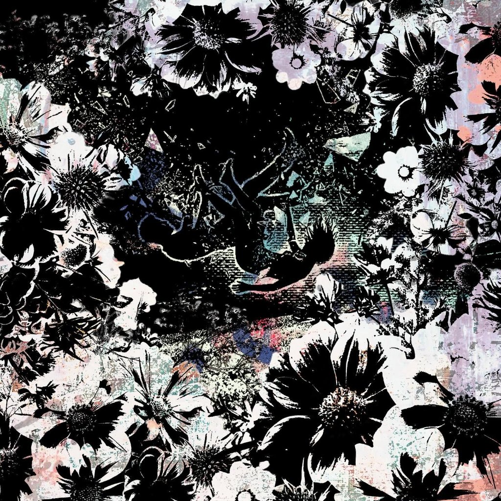 Black and white floral pattern with a hidden silhouette bird