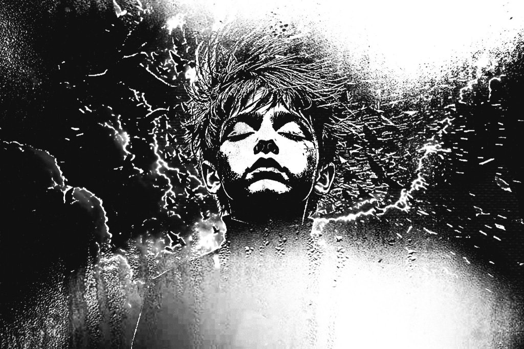 Black and white close-up portrait with cracked glass and lightning texture