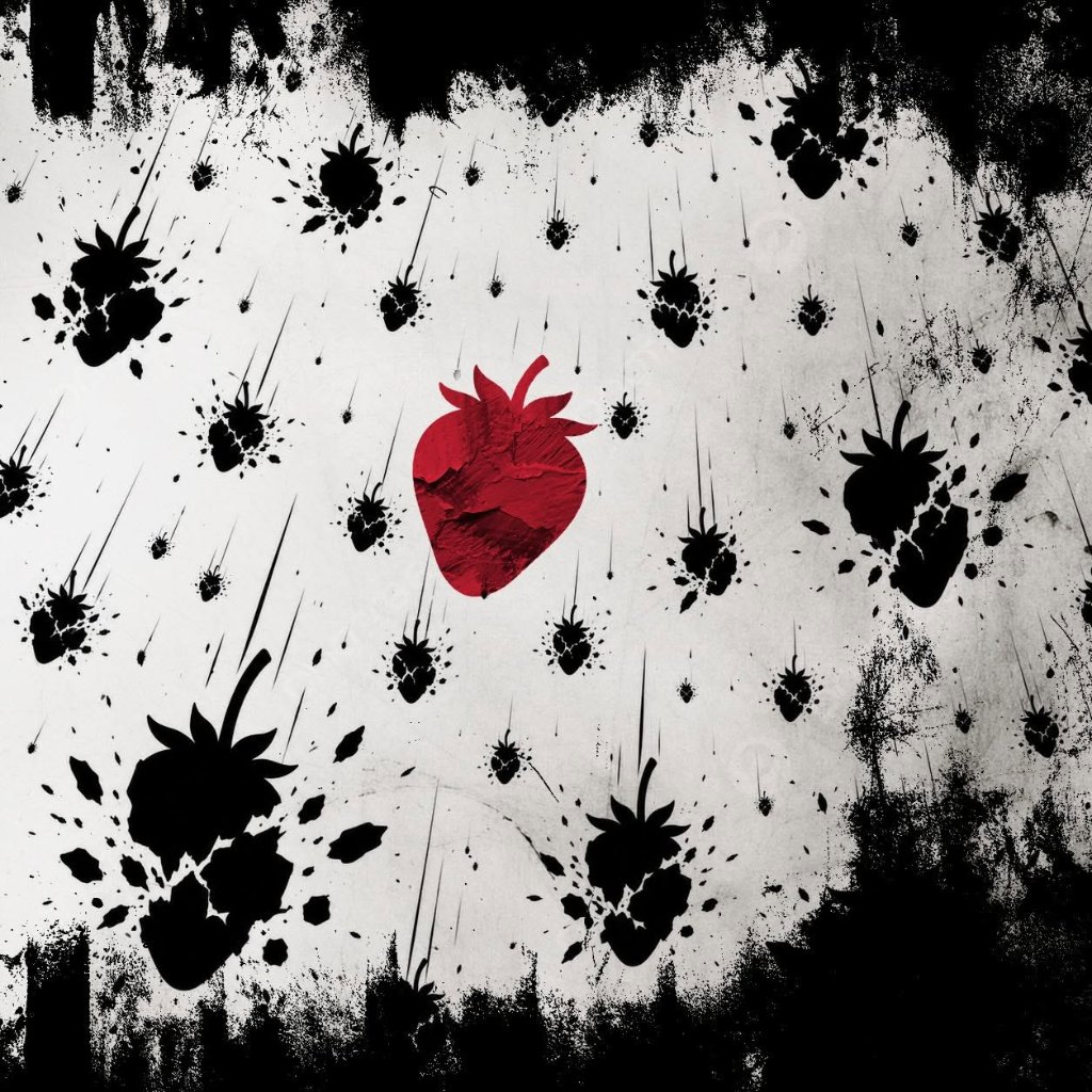 Single red strawberry among scattered black strawberries on a grunge texture