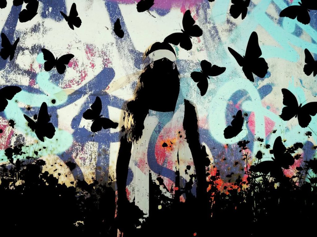 Blindfolded woman silhouette surrounded by butterflies against a graffiti wall