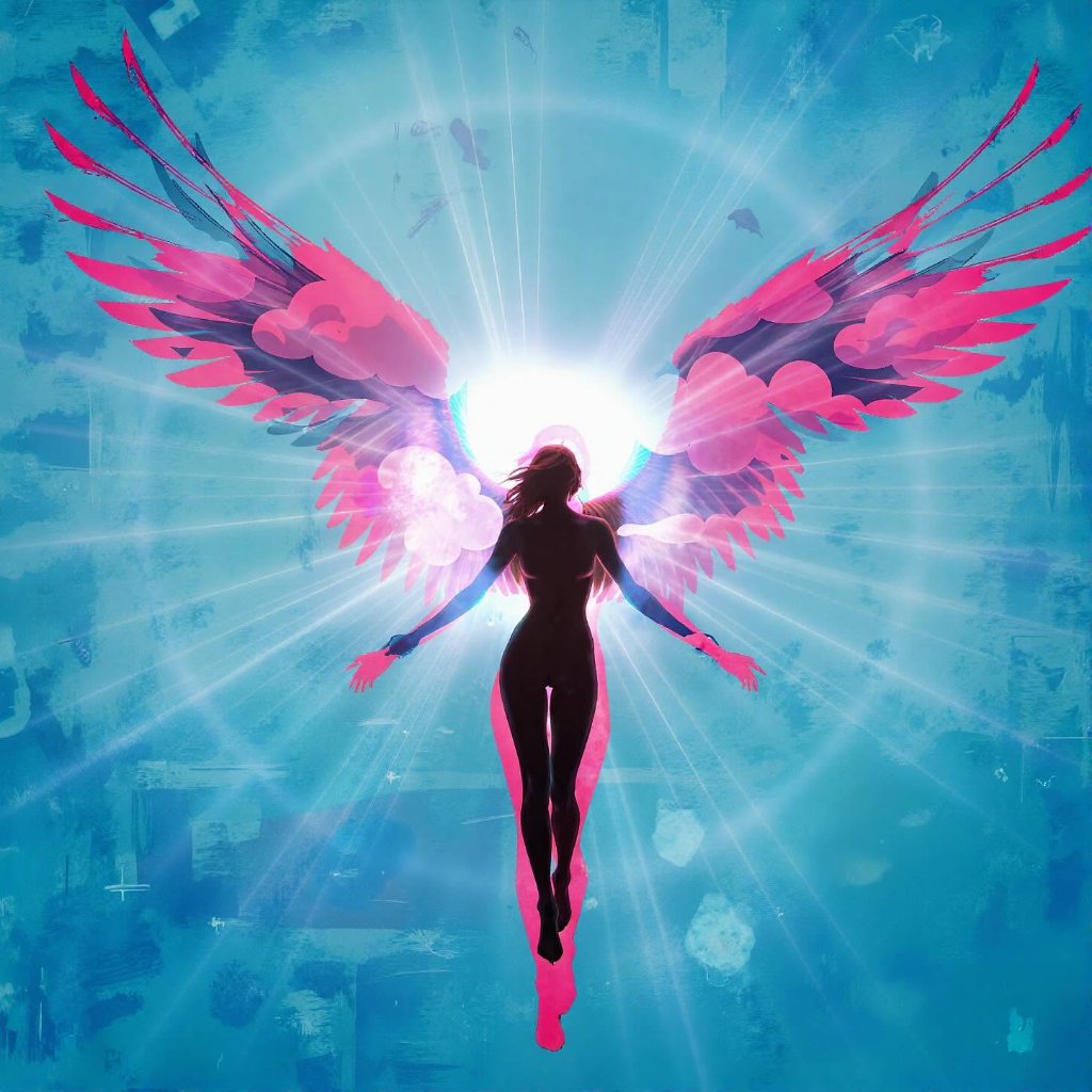 Vibrant female silhouette ascending with pink and cyan angel wings against a luminous blue sky