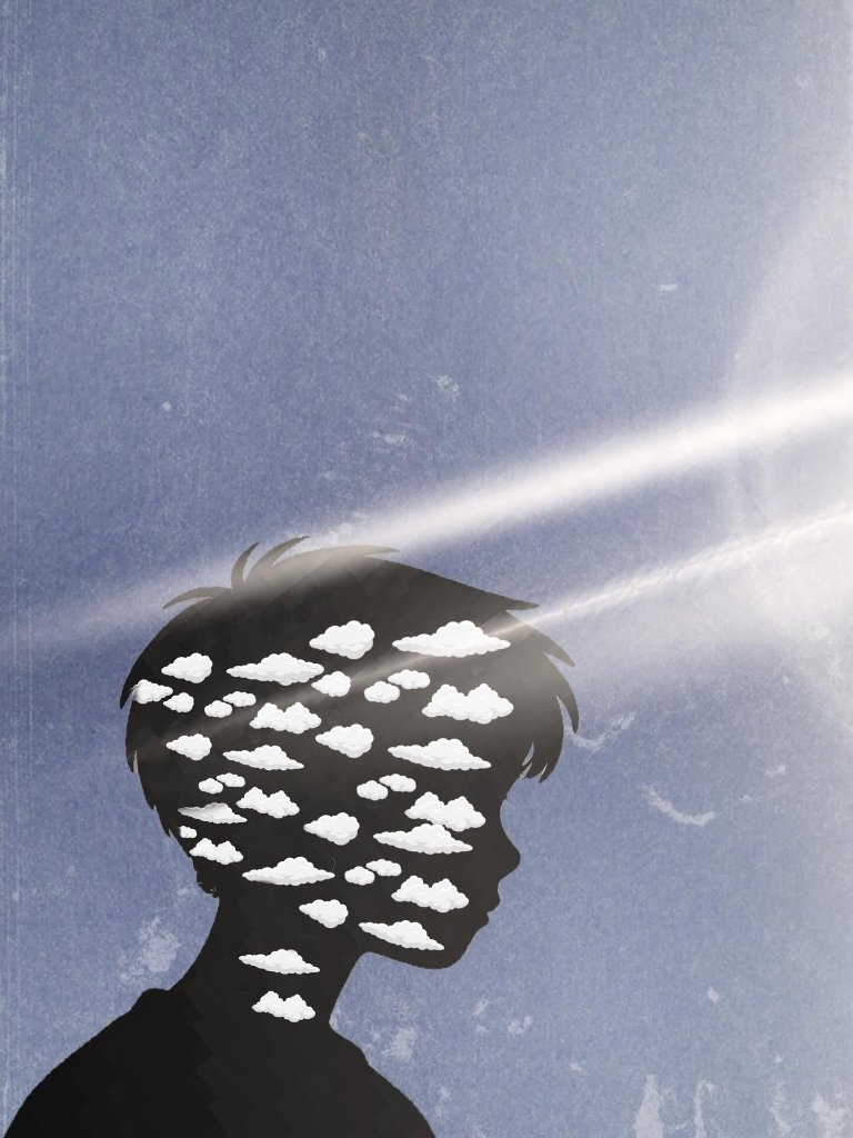 Boy silhouette profile filled with small clouds and a beam of light