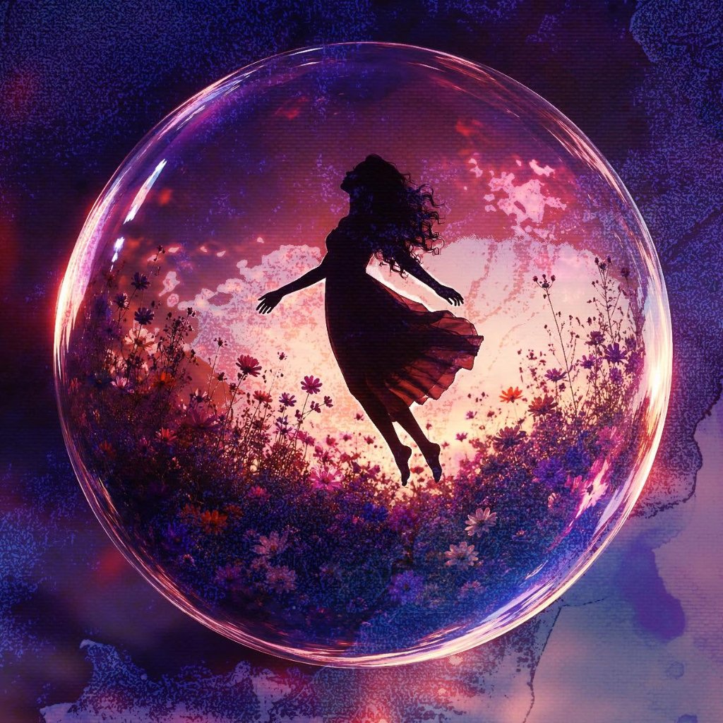 Woman silhouette floating inside a glass bubble above a wildflower field at dusk