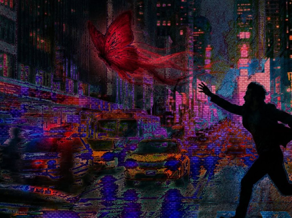 Man silhouette running through a neon city chasing a giant red butterfly