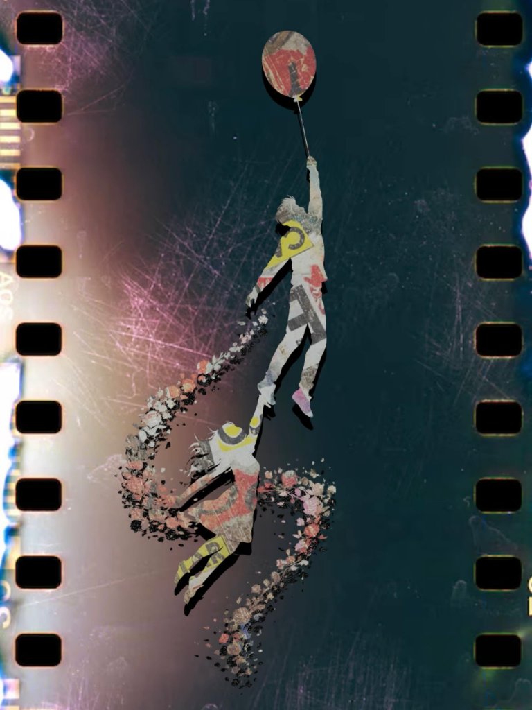 Vintage film-strip collage of two figures falling, one holding a balloon