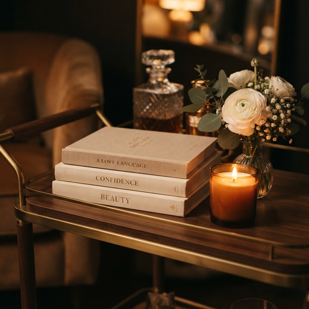 A stack of beige books beside candlelight and white flowers