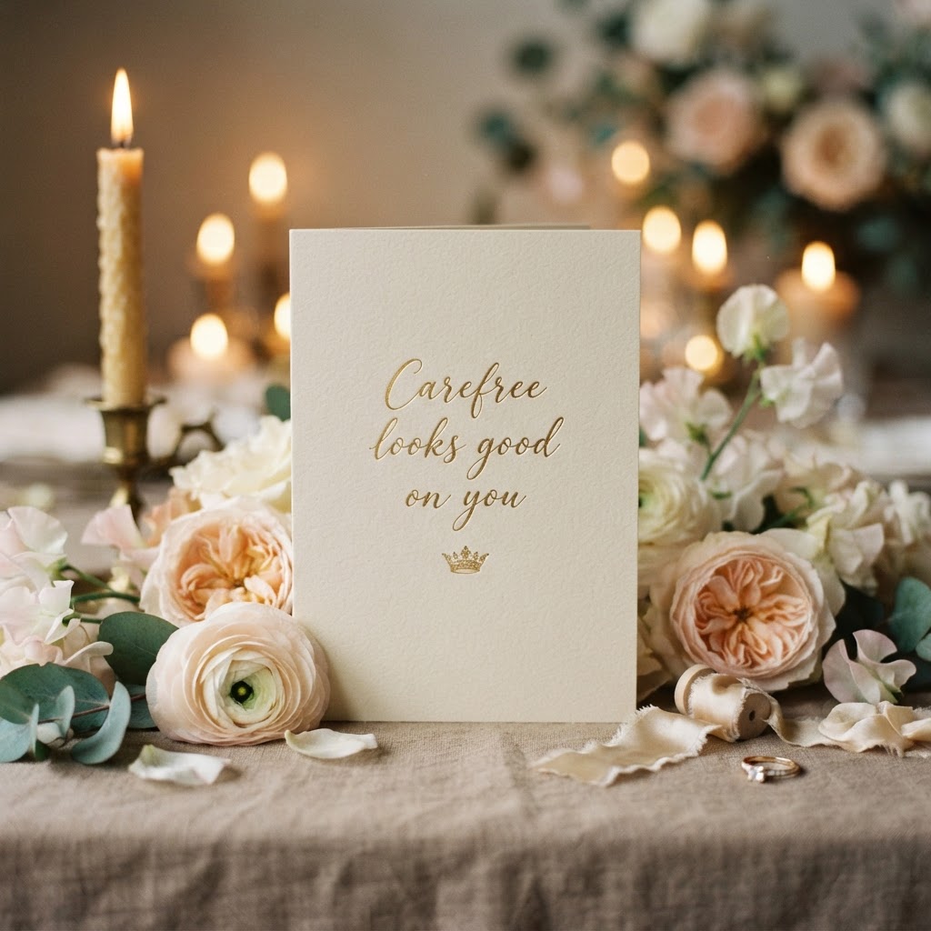 A cream card with a gold crown emblem beside soft flowers and candlelight