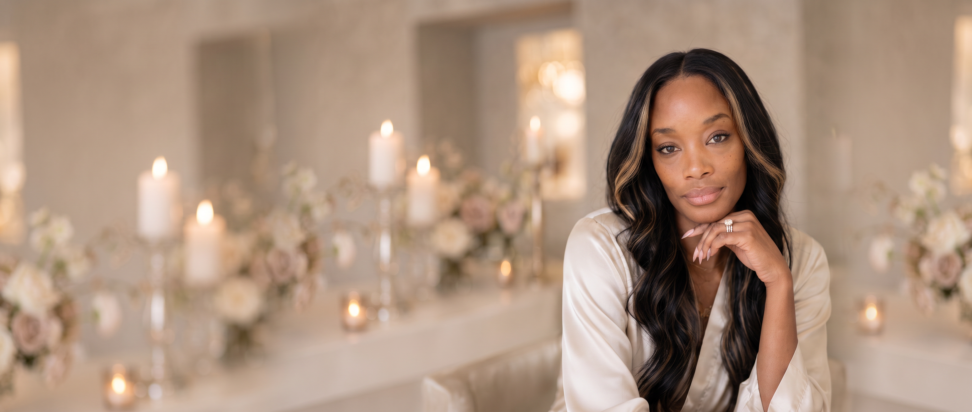 An elegant woman in a champagne silk blouse showcasing a luxury press-on manicure by Enviable Royal Beauty, in a warm champagne and taupe interior