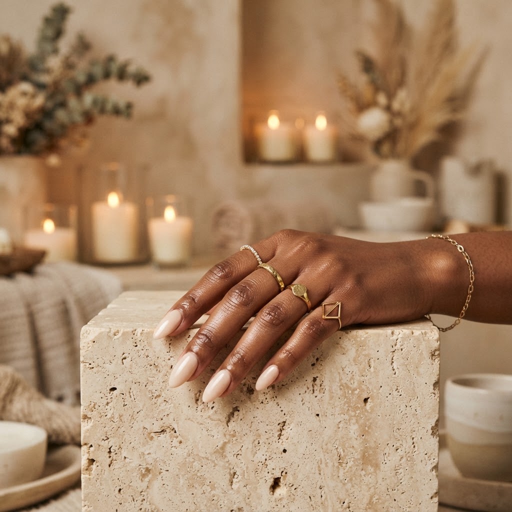 A manicured hand with gold rings resting on a travertine stone block