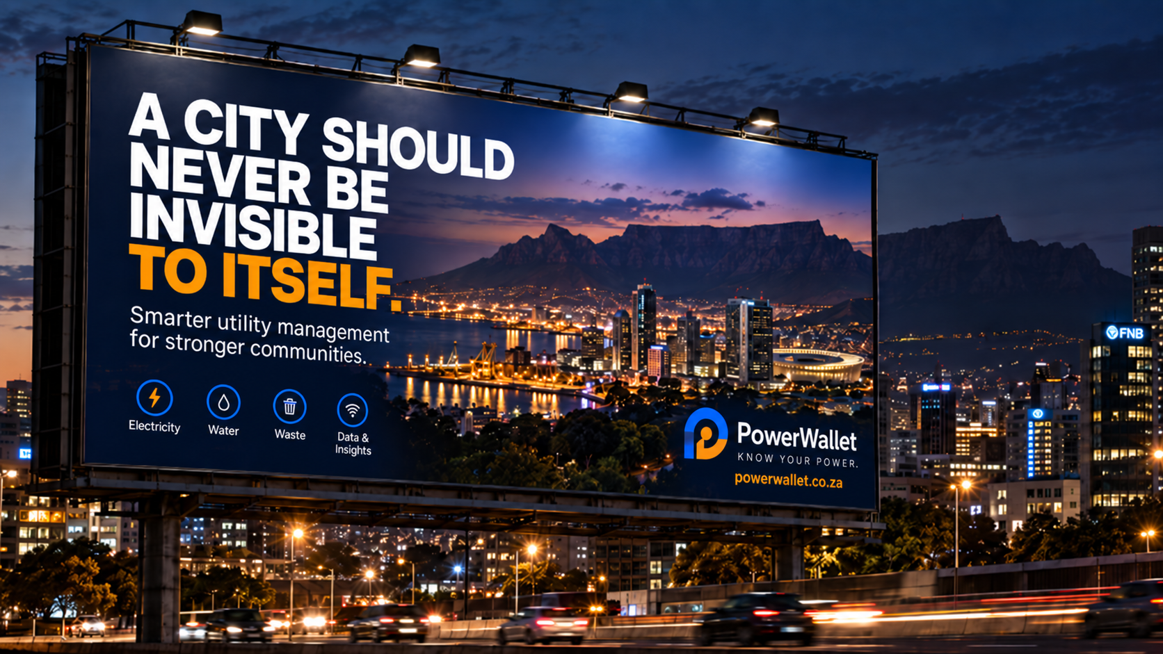 PowerWallet billboard with Know Your Power campaign in Cape Town β A city should never be invisible to itself.