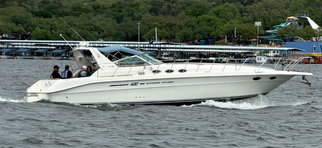 Sea Ray 400 Express Cruiser underway