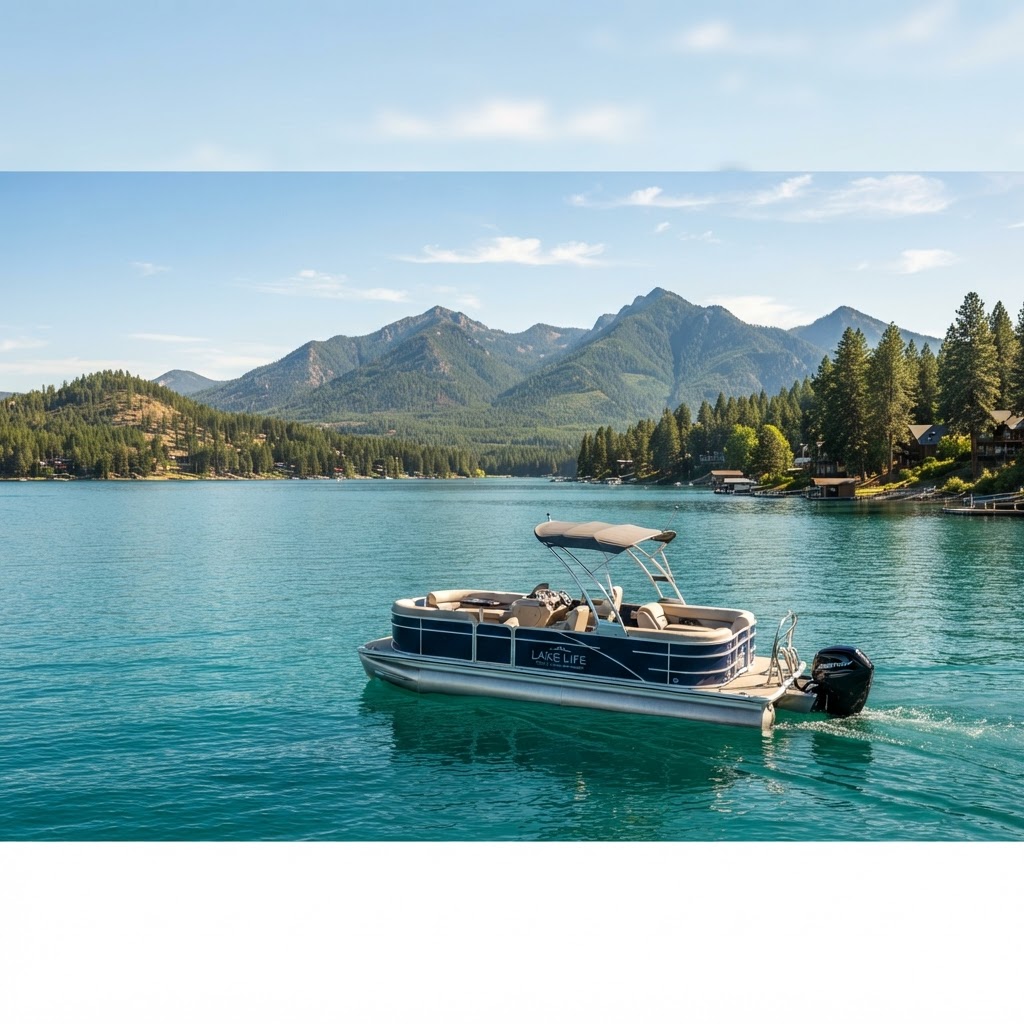 Pontoon boat cruising on Lake Coeur d'Alene