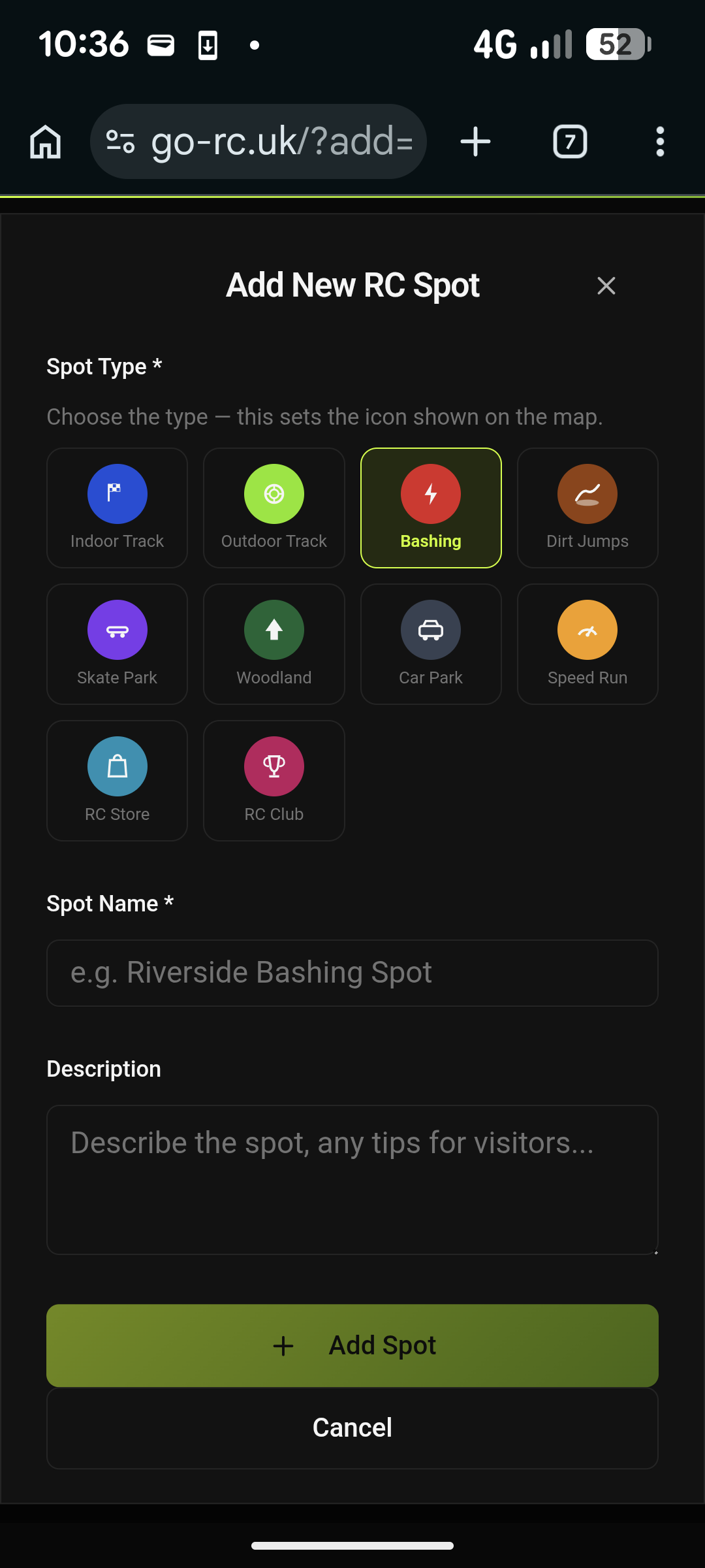 Add New RC Spot screen