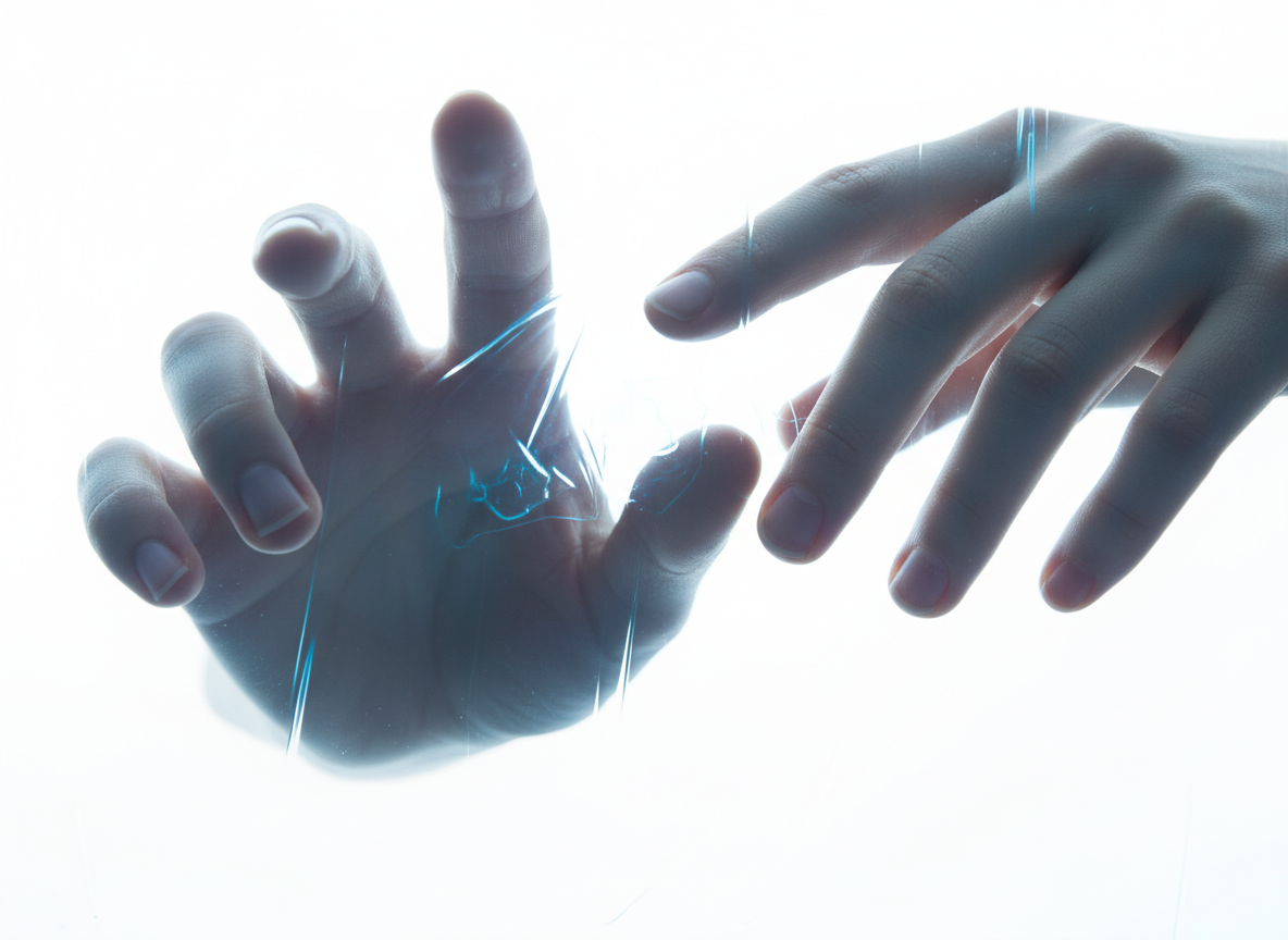 Human hands interacting with translucent glass AI interface