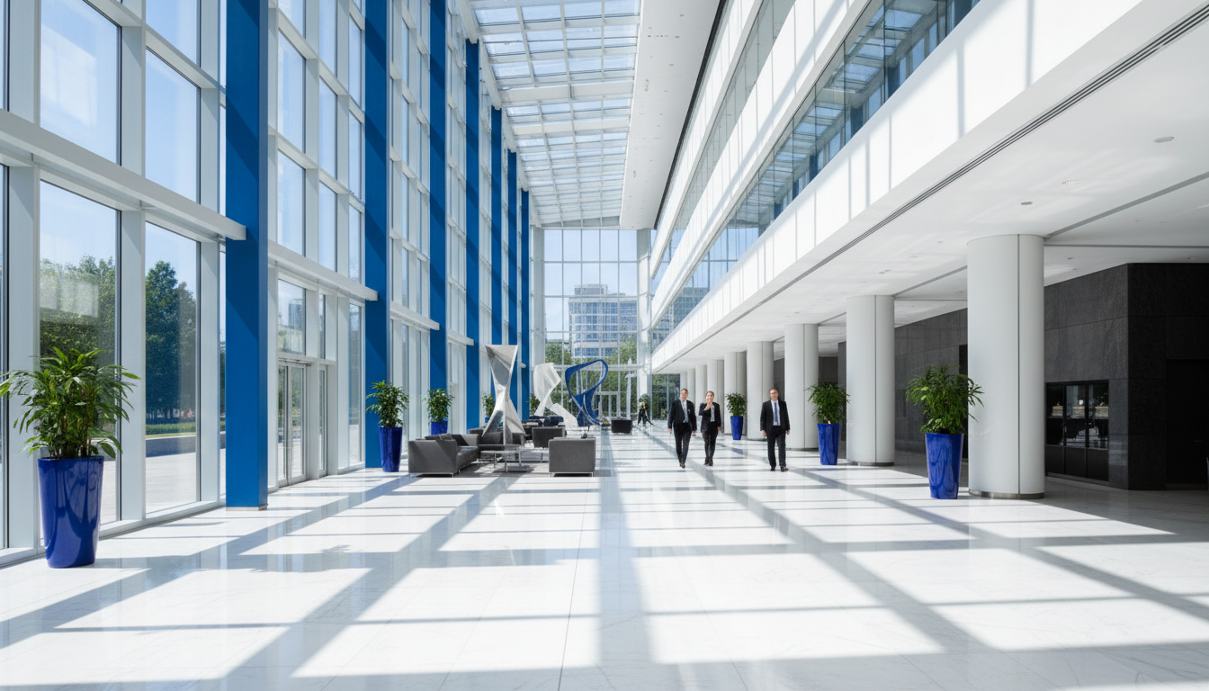 Modern glass building atrium with natural light representing NorthStar AI headquarters