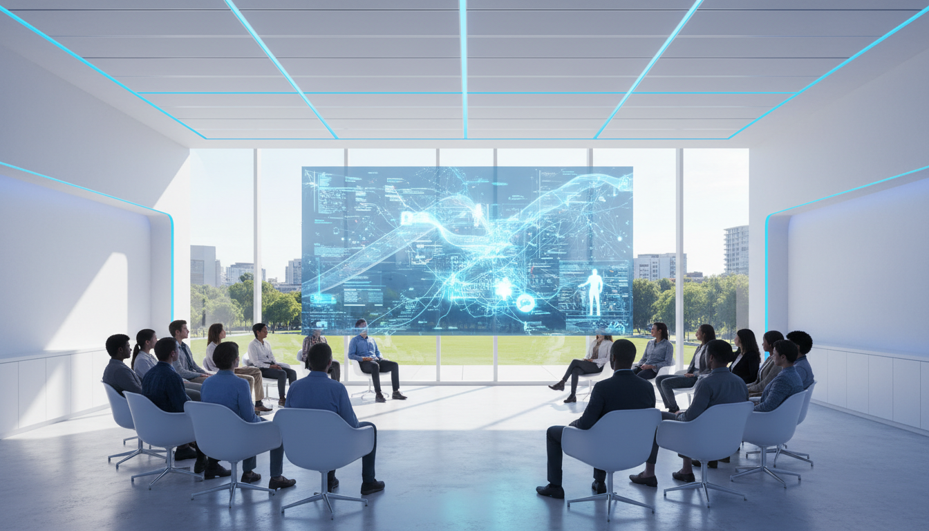 Students in a modern classroom learning about AI with holographic projections