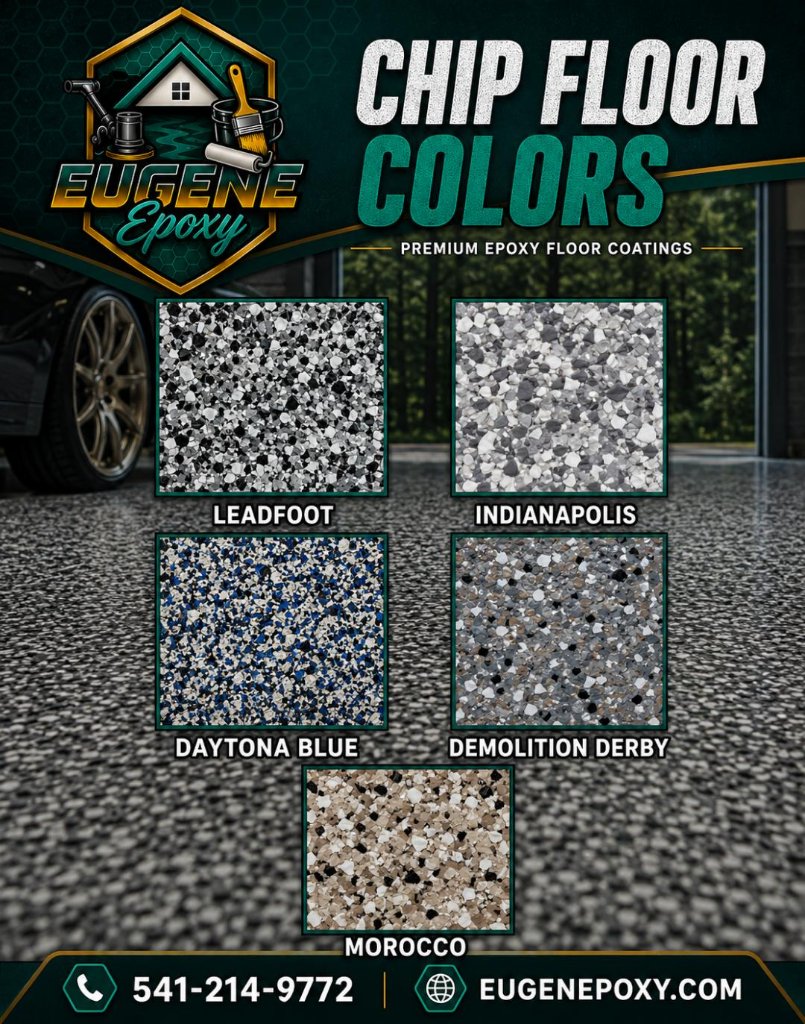 Eugene Epoxy Chip Floor Colors — Leadfoot, Indianapolis, Daytona Blue, Demolition Derby, Morocco