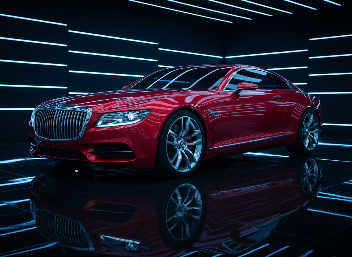 Red luxury coupe with blue neon reflections