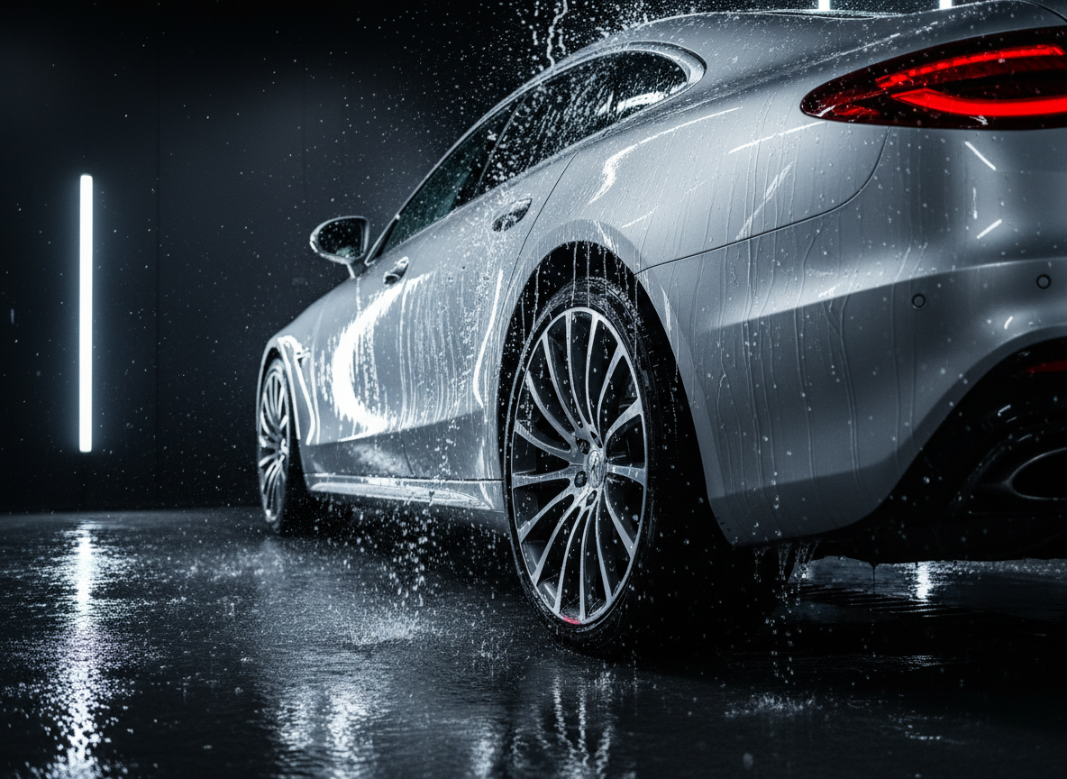 Silver sports sedan under water cascade